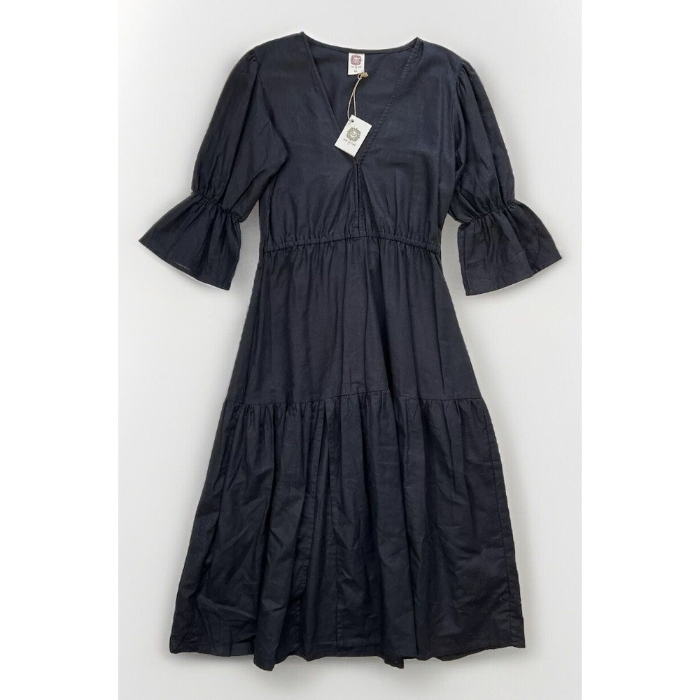 ELF Made By Hand Peony Black Linen Midi Dress / Size‎ Medium